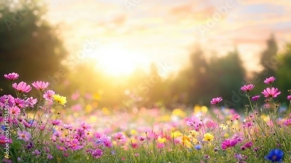 Obraz Dreamy sunrise wildflower field soft focus background image pastel colors tranquil peaceful serenity