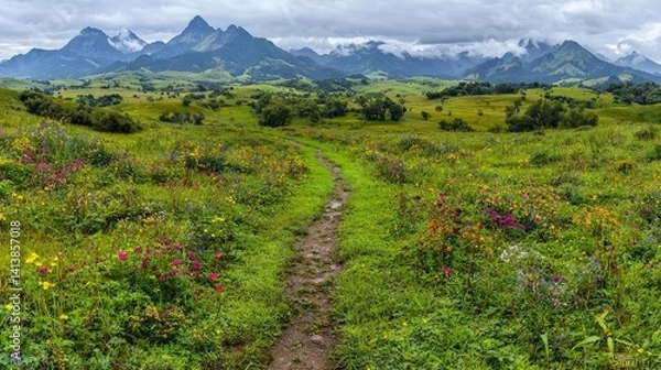 Obraz Serene pathway leading to majestic mountains tranquil nature scene