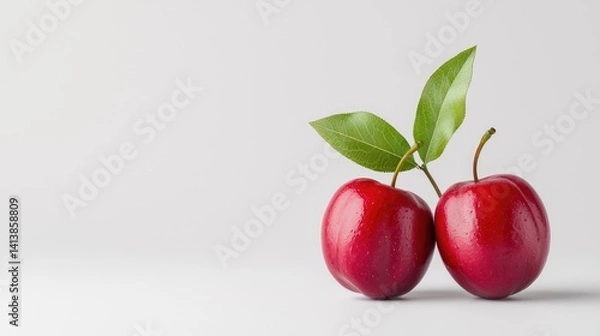 Obraz Two ripe red apples with green leaves on white background fresh food health wellness