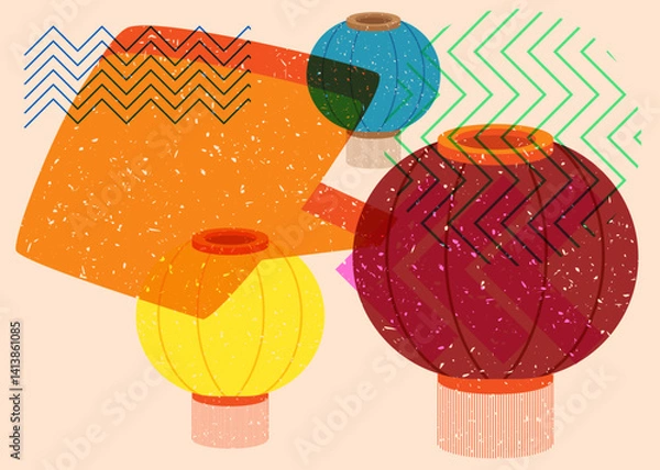 Obraz Risograph Chinese lantern with speech bubble with geometric shapes. Objects in trendy riso graph print texture style design with geometry elements.