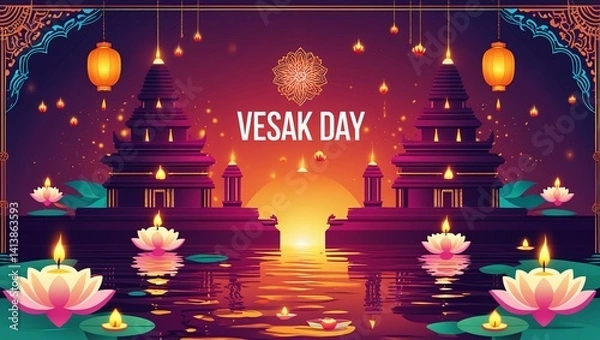 Obraz Celebrating Vesak Day A Serene Evening at the Temple with Floating Lotus Flowers and Lanterns