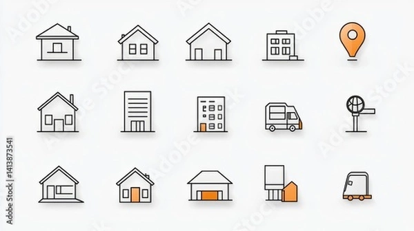 Obraz A set of 15 outline icons in line style representing various buildings and locations