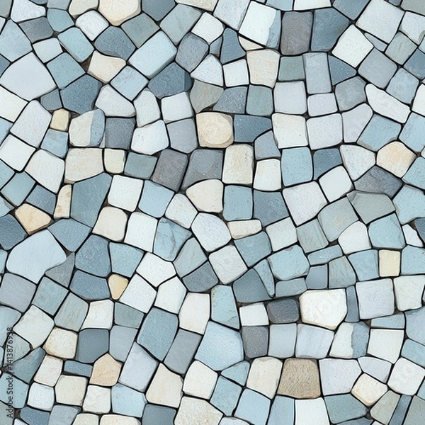 Obraz A patterned mosaic design featuring various shades of blue and white tiles arranged in a visually appealing layout.
