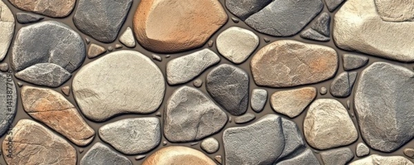 Fototapeta A textured surface composed of various smooth stones in shades of gray, brown, and beige, arranged closely together.