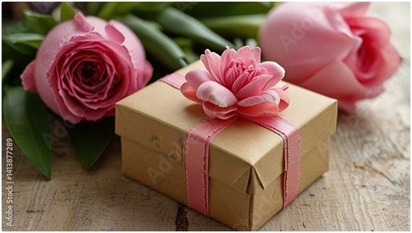 Obraz pink rose and gift box