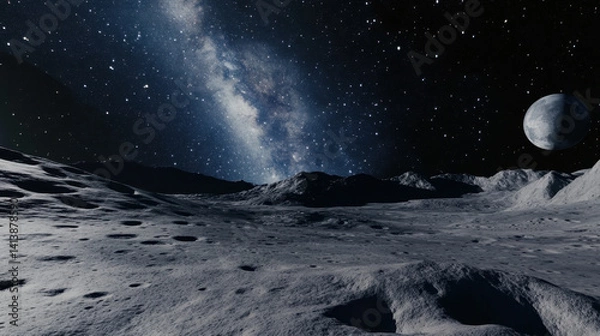 Fototapeta breathtaking view of Milky Way galaxy from lunar landscape, showcasing vastness of space with stars twinkling background and distant planet visible. scene evokes sense of wonder and exploration