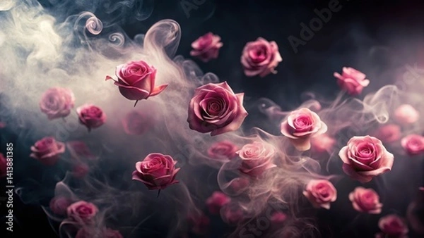 Obraz Rose smoke particles suspended in air, floating gently on a dark background, with a subtle gradient effect, rose, air