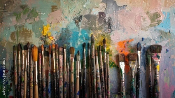 Fototapeta Colorful artist paintbrushes on a mixed media palette