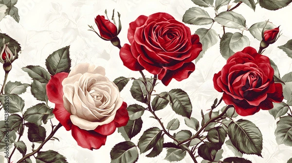 Fototapeta Elegant red and white roses floral pattern digital art soft background close-up view botanical beauty