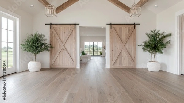 Obraz Elegant interior room with ornate doors and potted plants high ceilings soft lighting