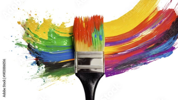 Fototapeta Paintbrush with colorful paint splashes isolated on transparent background