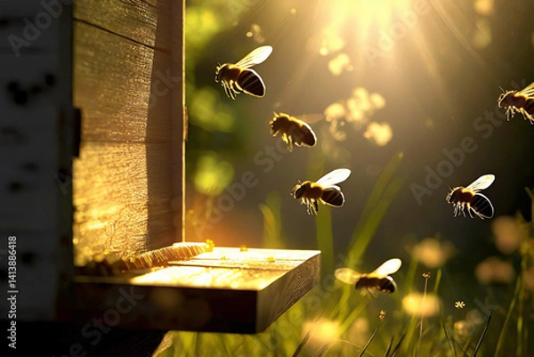 Obraz Bees flying out of the hive at sunset. Beekeeping concept