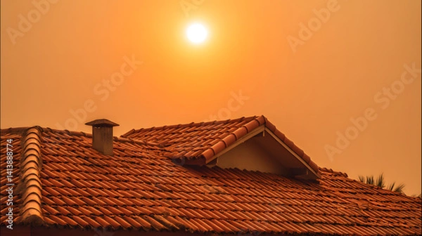 Fototapeta House under scorching sun with bright orange sky and visible heat waves rising from roof in summer heatwave