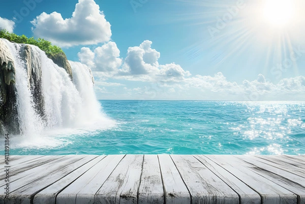 Fototapeta Empty white wooden floor or table with sea, waterfalls, mountains, green forests, white mist, blue water sunny sky is background. Realistic nature template pattern. Podium advertising stand display.