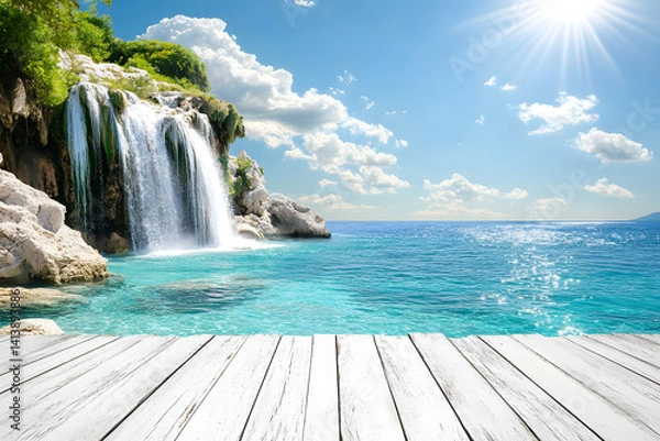Fototapeta Podium for advertising stand display. Empty white wooden floor or table with waterfalls, mountains, and green forests, white mist, blue water sunny sky is background. Realistic nature template pattern