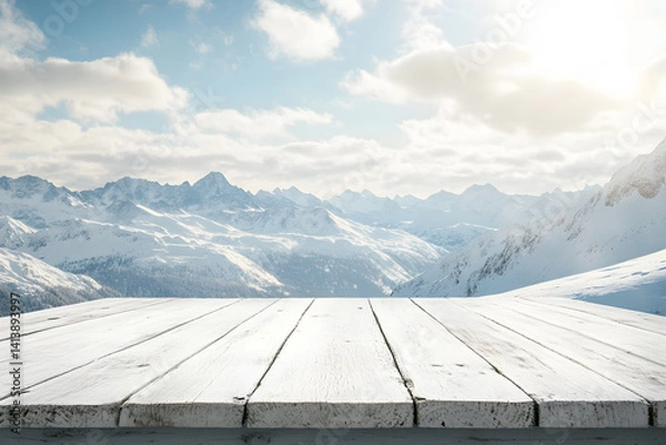 Fototapeta Empty white wooden floor or table podium. Mountain surrounded by snow landscape is background. Blue sky with white clouds, bright sunlight. Abstract Texture. Advertising podium display.