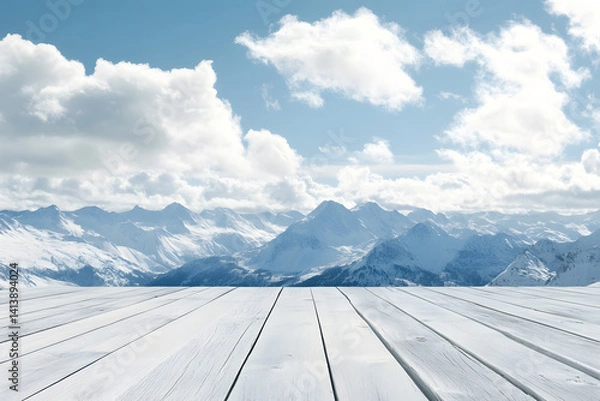 Fototapeta Empty white wooden floor or table podium. Mountain surrounded by snow landscape is background. Blue sky with white clouds, bright sunlight. Abstract Texture. Advertising display