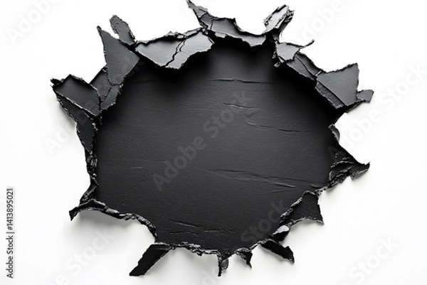 Fototapeta Hole breaking through black wall concrete on white background. Hole in black paper or with torn edges and piercing sunlight and rays through it. Broken paper wall art.