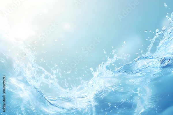 Fototapeta Transparent blue clear water wave surface texture with splashes and bubbles white. copy space. Abstract summer banner background Water waves in sunlight. Cosmetic moisturizer micellar toner emulsion.