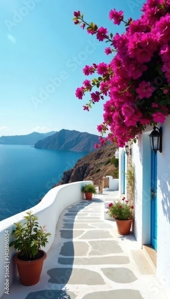 Obraz Sun-drenched whitewashed houses, vibrant bougainvillea, azure sea , idyllic, scenery