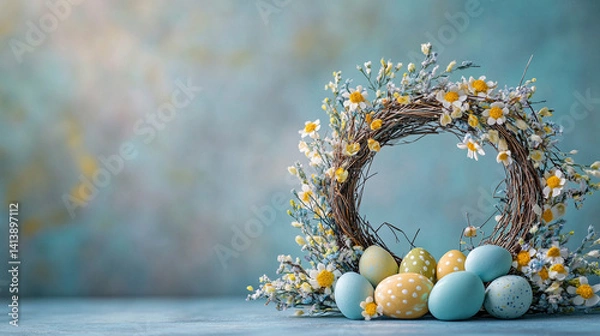 Fototapeta layered clay greeting card with floral wreath and script-style Easter wishes in soft yellows and blues
