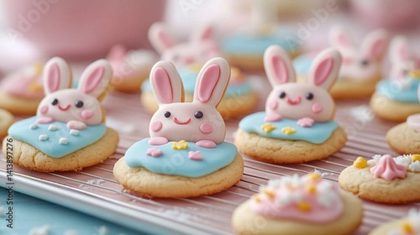 Fototapeta modeling clay bunny-shaped cookies on a tray with colorful frosting and sugar decorations, baking setup background