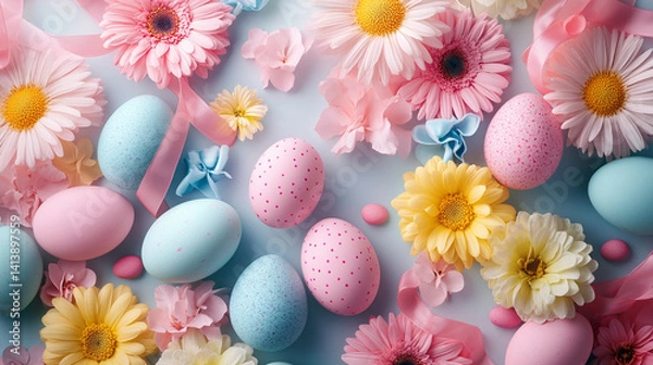Obraz modeling clay Easter background featuring pastel pink, blue, and yellow shapes?eggs, ribbons, and soft flowers arranged symmetrically