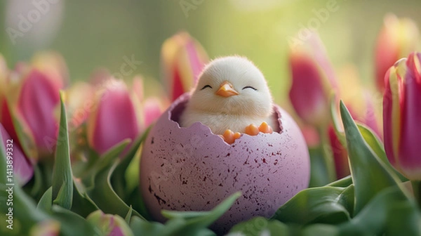 Obraz sleepy clay chick inside a cracked purple egg, nestled in a bed of tulips