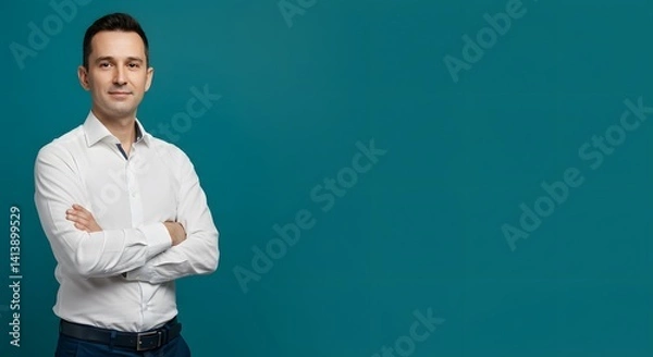 Fototapeta Confident businessman stands with arms crossed, looking towards the camera. Professional attire against a solid teal background.