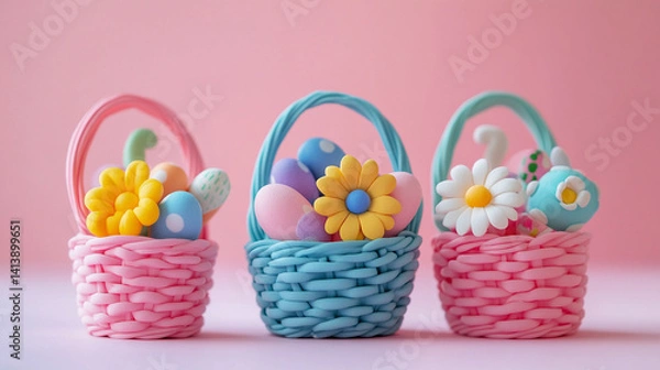 Obraz three mini clay Easter baskets with different themes: candy, flowers, and toys, arranged on a pastel background