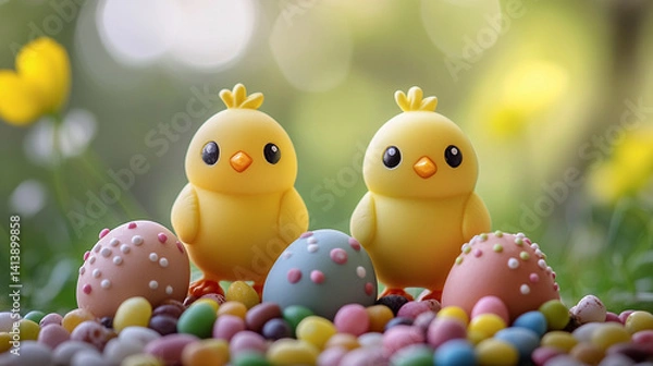 Obraz two clay chicks pecking at Easter egg halves filled with jelly beans, candy background