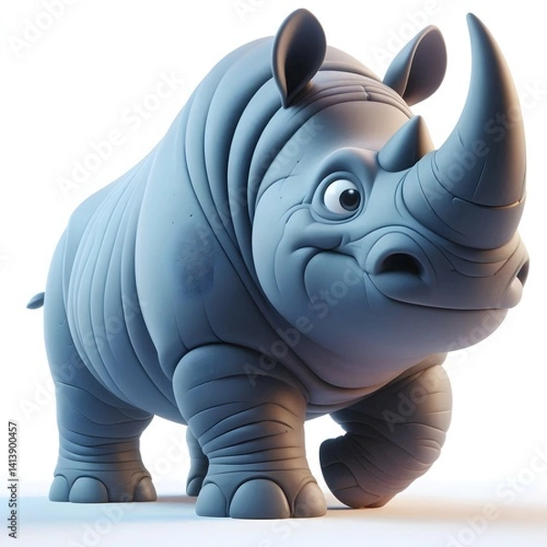 Obraz 3D cute animation of a rhino on white background