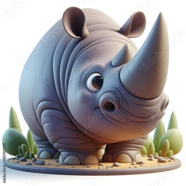 Obraz 3D cute animation of a rhino on white background