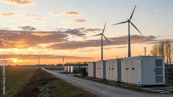 Fototapeta Renewable Energy Storage concept, Wind turbines stand against a colorful sunset, with energy storage containers in the foreground.