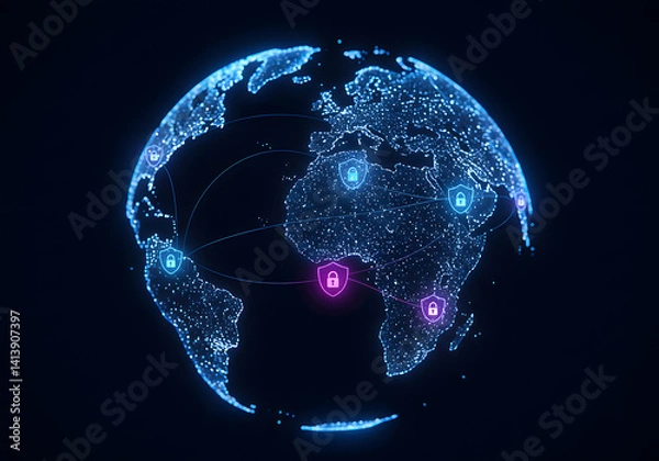 Obraz Global Digital Security Earth Globe with Network Connections, Security Shields. Cyber Security, Data Protection, Technology.