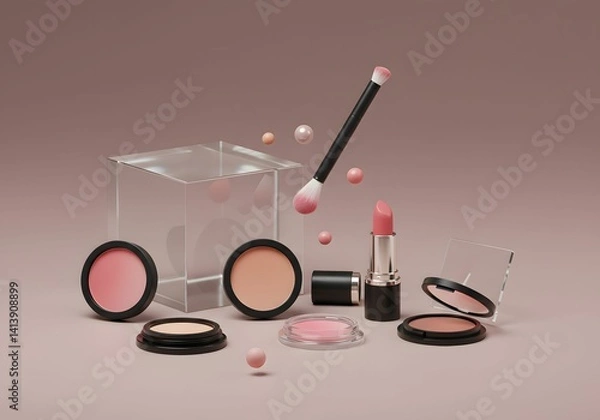 Fototapeta Makeup Still Life, Beauty Products, Cosmetics Composition, Generative AI image.