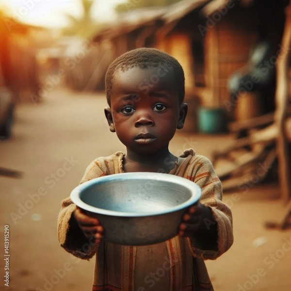 Obraz A young child in worn clothing holds an empty metal bowl, standing in a rural village with a backdrop of humble homes. The warm sunset lighting adds a somber tone, emphasizing themes of poverty