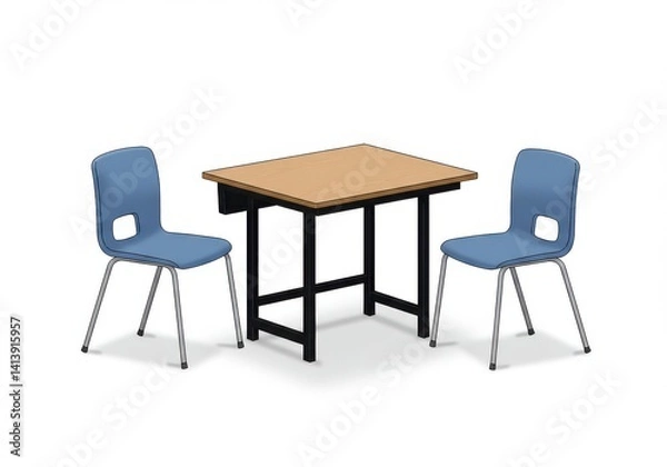 Fototapeta A simple classroom setup featuring a table with two blue chairs on a plain white background scene view