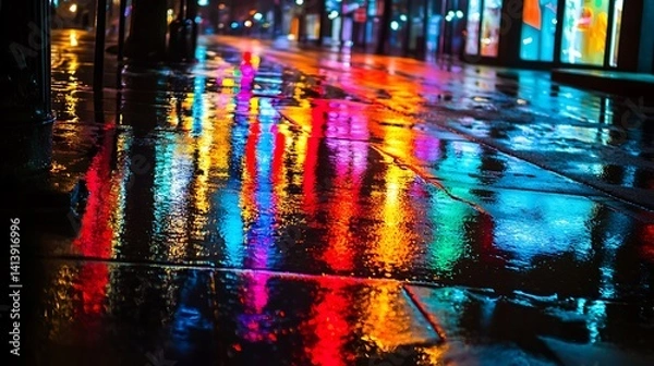 Fototapeta Vibrant City Night Reflections with Kaleidoscope of Colors on Wet Pavement for modern contemporary nightlife perspective concept.