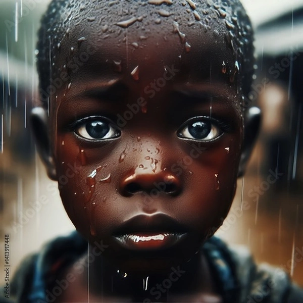 Obraz A close-up portrait of a young child standing in the rain, their face covered in raindrops. The emotional intensity in the child's eyes reflects a sense of innocence and vulnerability, set against a