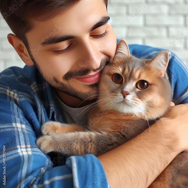 Obraz A young man embraces his fluffy cat indoors, both looking content and comfortable. The soft lighting and cozy atmosphere highlight the strong bond between the pet and owner, capturing a heartwarming