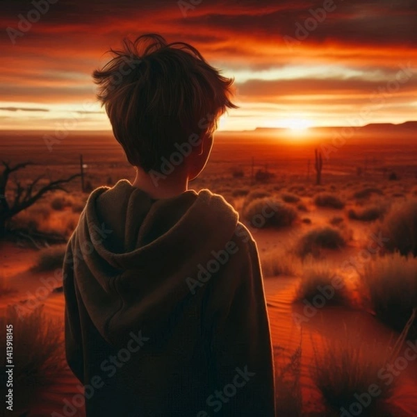 Obraz A boy stands in awe as he gazes at a fiery sunset over a vast desert landscape. The red and orange hues of the sky create a dramatic and contemplative atmosphere, with desert plants dotting the sandy