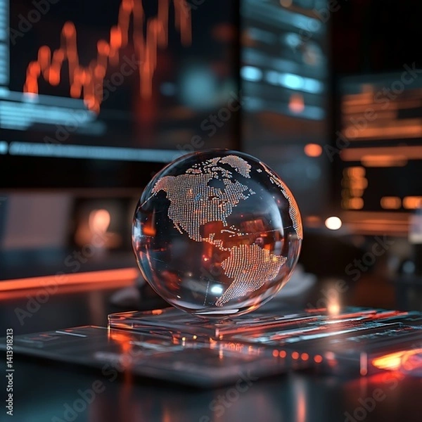 Obraz Global data analytics.  Crystal earth globe in a modern digital workspace, highlighted by glowing screens showing financial graphs and code