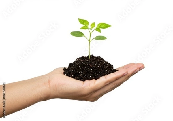 Obraz A hand holding a small pile of soil with a tiny green plant growing out of it on a white background
