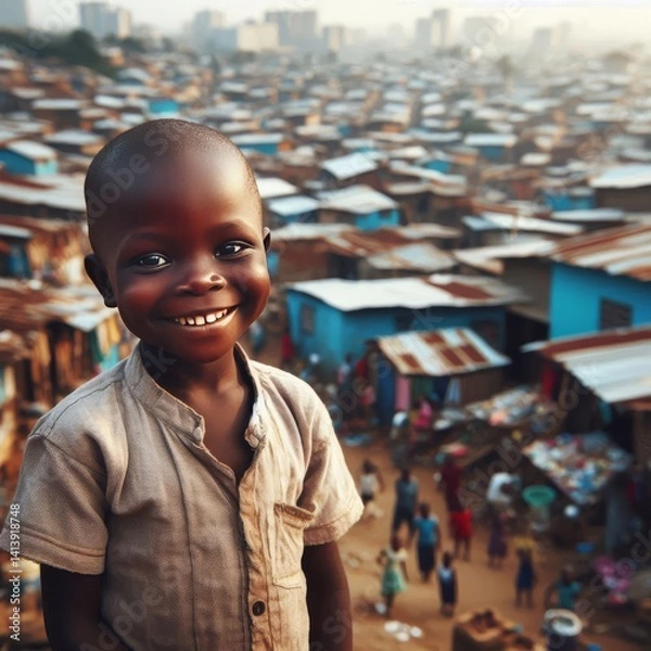 Obraz A joyful child with a wide smile stands proudly against the backdrop of a bustling urban community. The colorful houses and the warm, golden light add vibrancy to the image, perfect for depicting