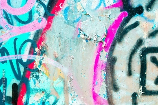 Fototapeta Vibrant graffiti texture in neon pink, blue, black with pastel highlights. Urban 90s style, funky, colorful. Background, digital art, posters, creative banner.