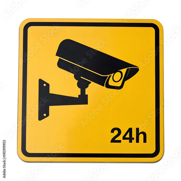 Fototapeta Yellow Security Camera Sign Twenty Four Hour Surveillance CCTV Monitoring