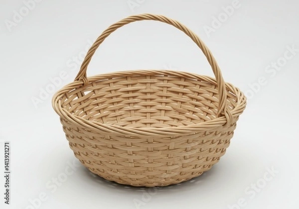 Fototapeta A woven basket with a handle sits on a plain white surface in a studio setting for photography