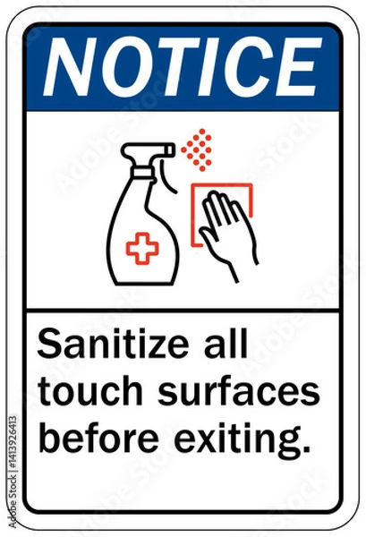 Obraz Disinfect sign sanitize all touch surfaces before exiting