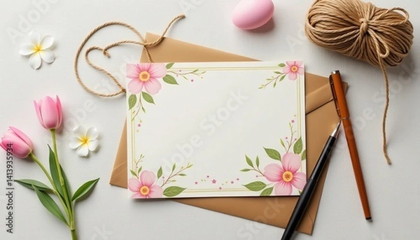 Fototapeta Easter Egg Flat Lay Gift Elements Arrangement. A blank greeting card with pink flowers and a brown envelope.